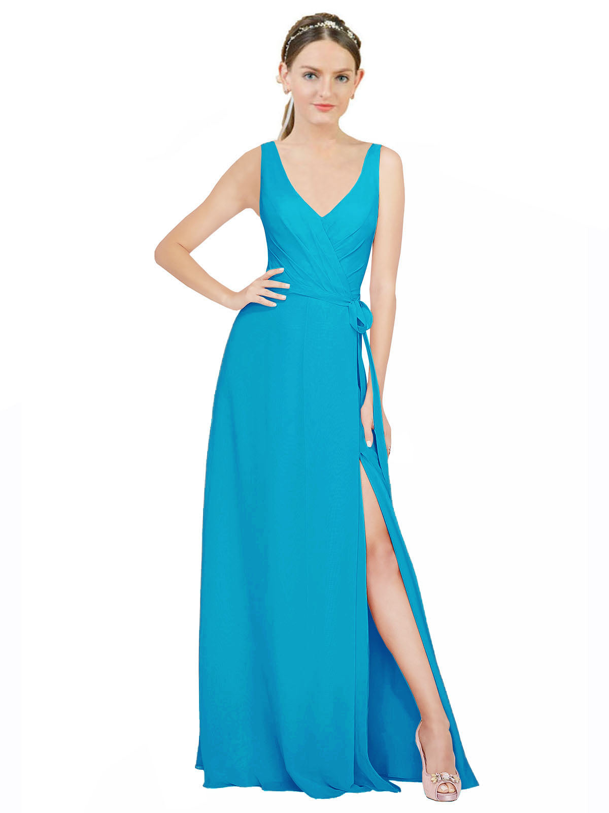 Turquoise A-Line V-Neck Sleeveless Long Bridesmaid Dress Louisa