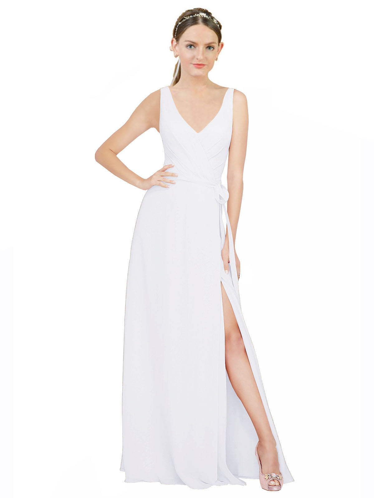 White A-Line V-Neck Sleeveless Long Bridesmaid Dress Louisa