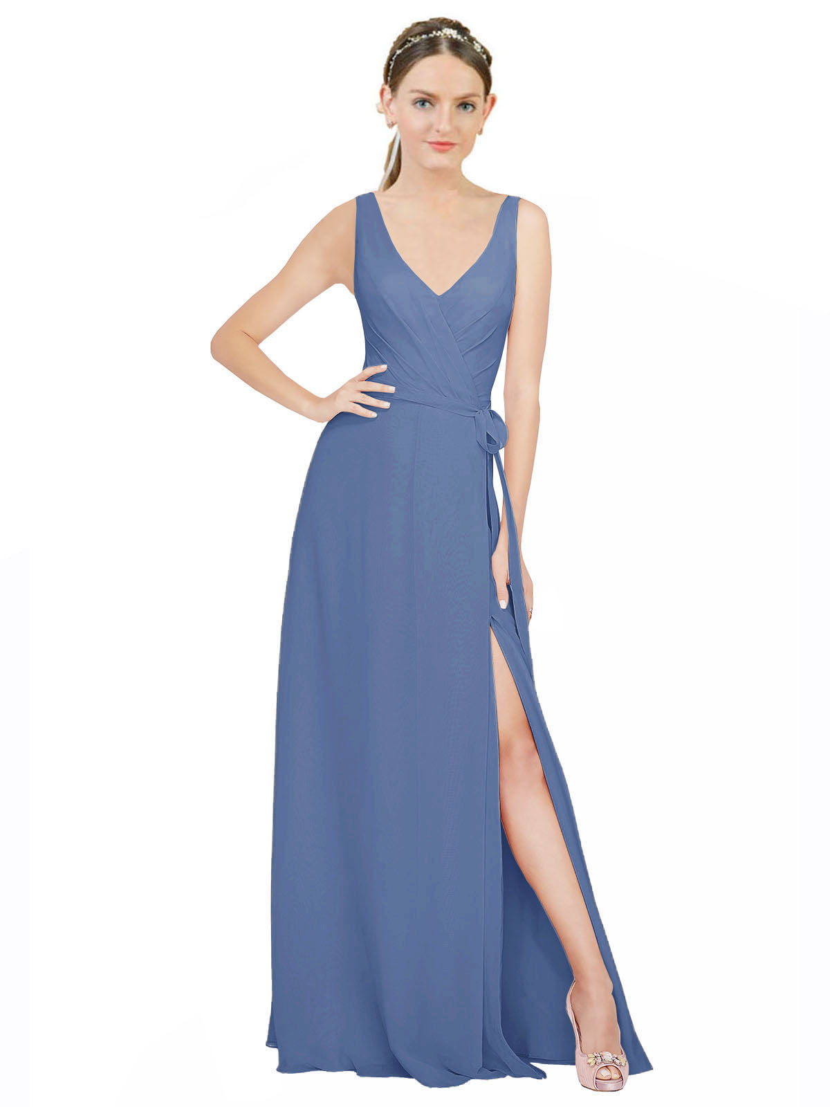 Windsor Blue A-Line V-Neck Sleeveless Long Bridesmaid Dress Louisa
