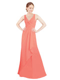 Coral A-Line V-Neck Sleeveless Long Bridesmaid Dress Mollie