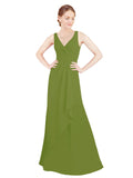 Olive Green A-Line V-Neck Sleeveless Long Bridesmaid Dress Mollie