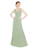 Smoke Green A-Line V-Neck Sleeveless Long Bridesmaid Dress Mollie