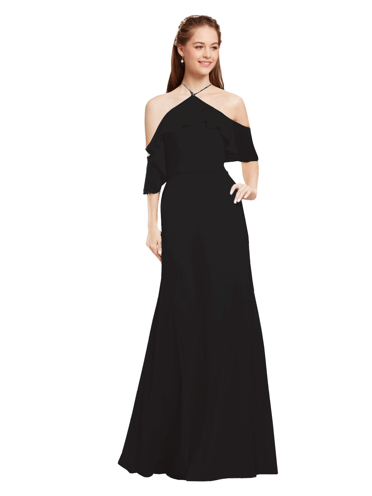 Black A-Line Halter Cold Shoulder Long Bridesmaid Dress Glain