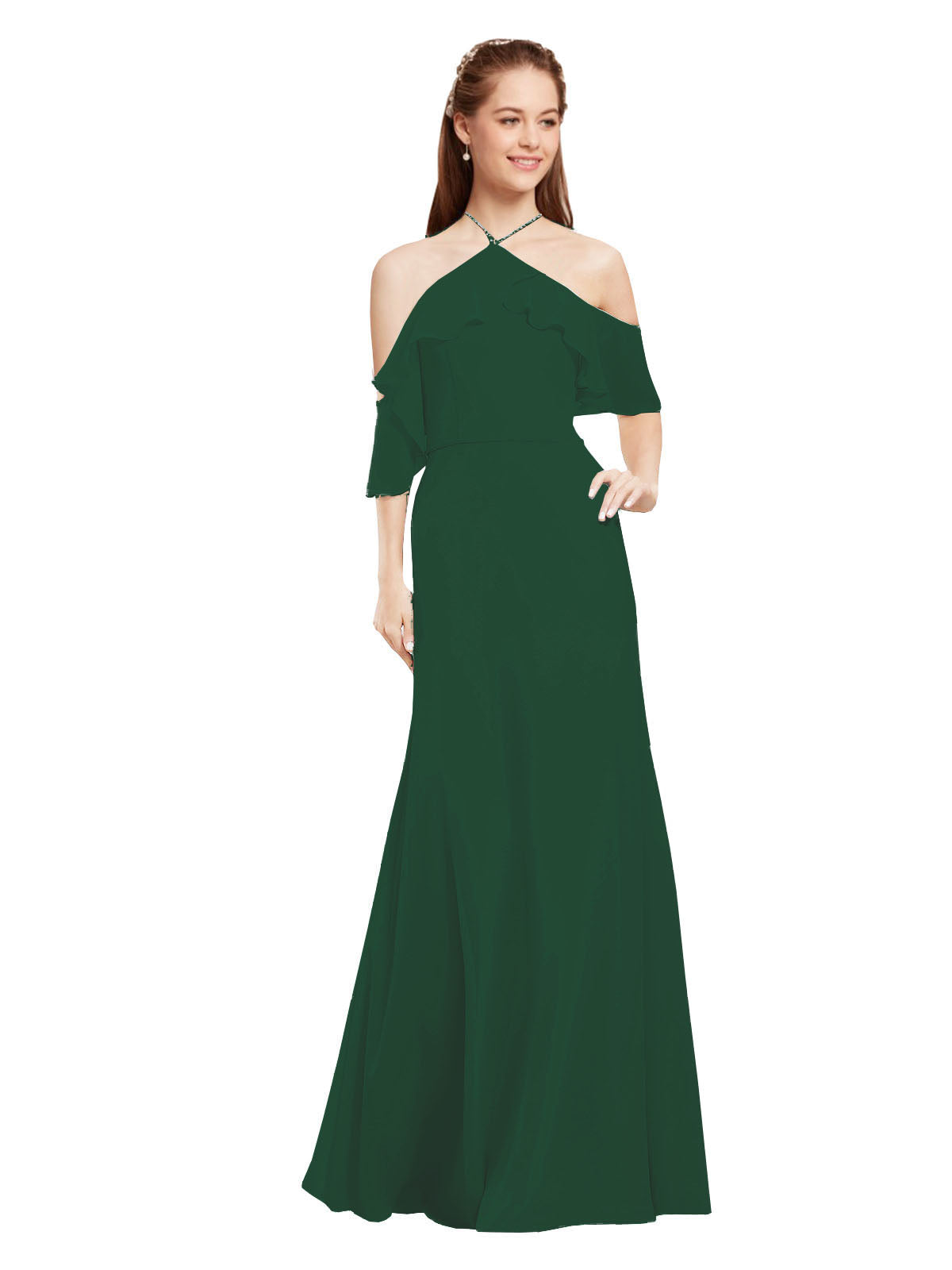 Dark Green A-Line Halter Cold Shoulder Long Bridesmaid Dress Glain