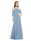 Dusty Blue A-Line Halter Cold Shoulder Long Bridesmaid Dress Glain