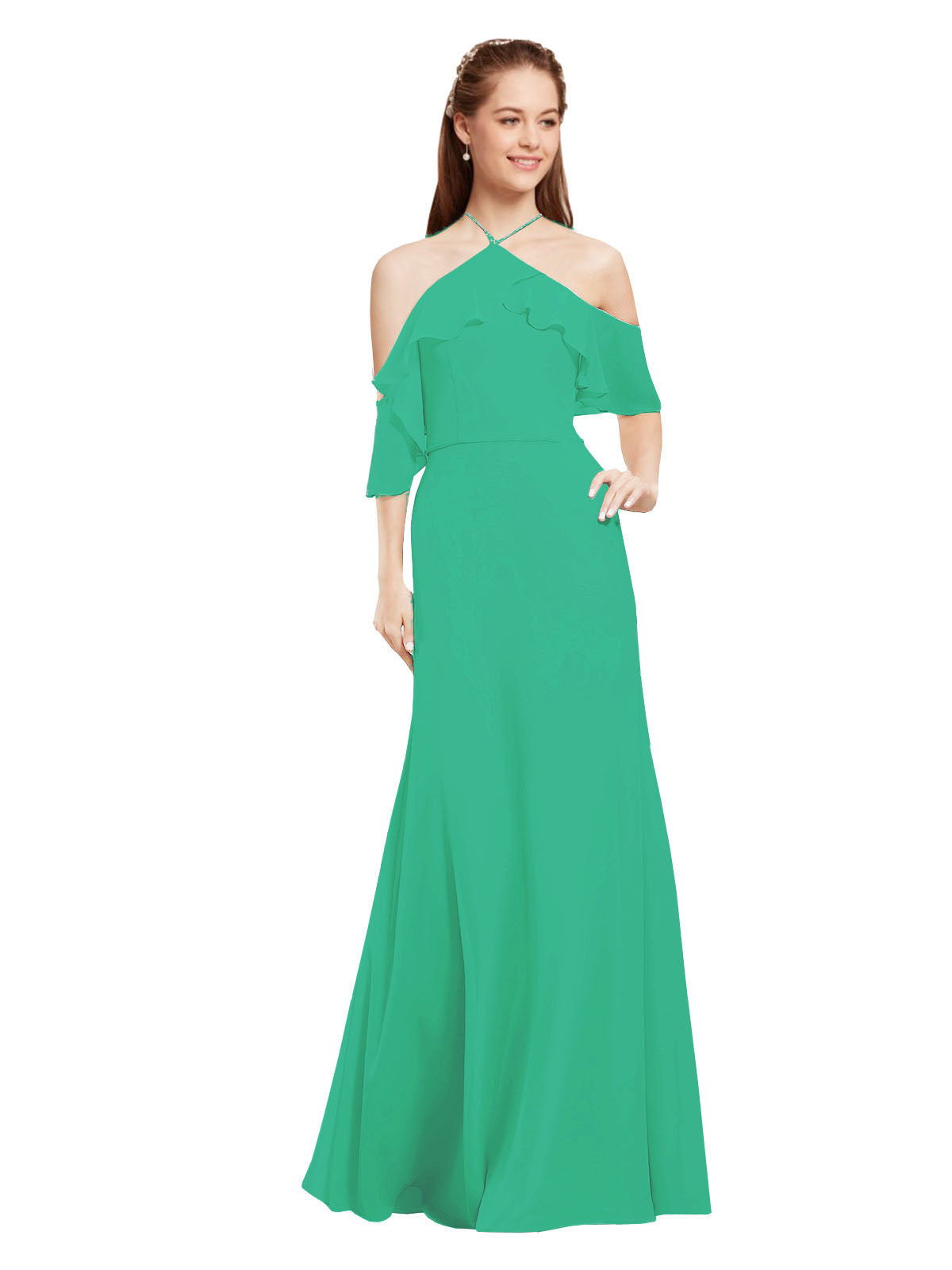 Emerald Green A-Line Halter Cold Shoulder Long Bridesmaid Dress Glain