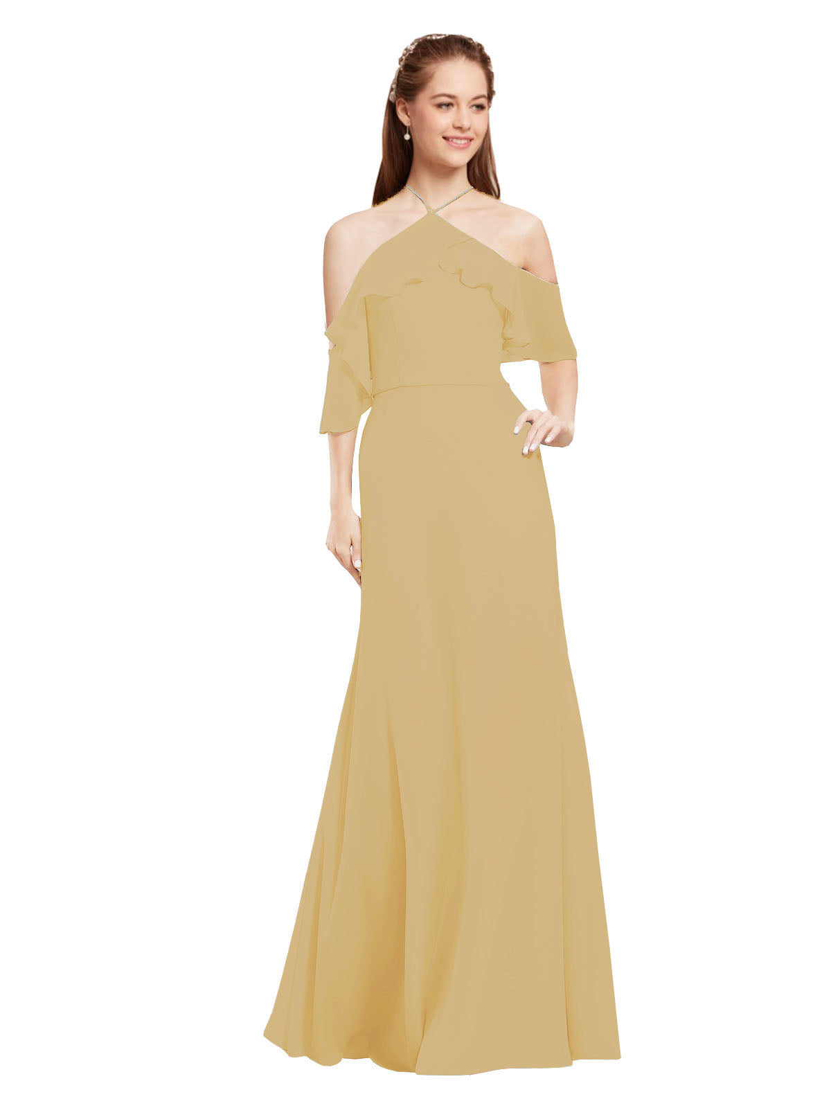 Gold A-Line Halter Cold Shoulder Long Bridesmaid Dress Glain