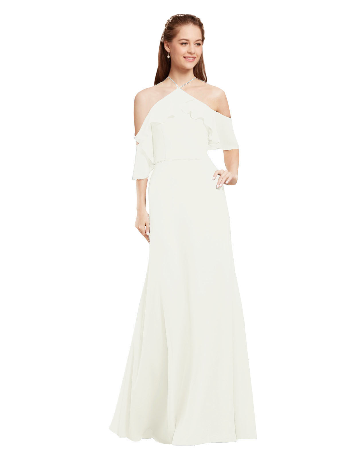 Ivory A-Line Halter Cold Shoulder Long Bridesmaid Dress Glain
