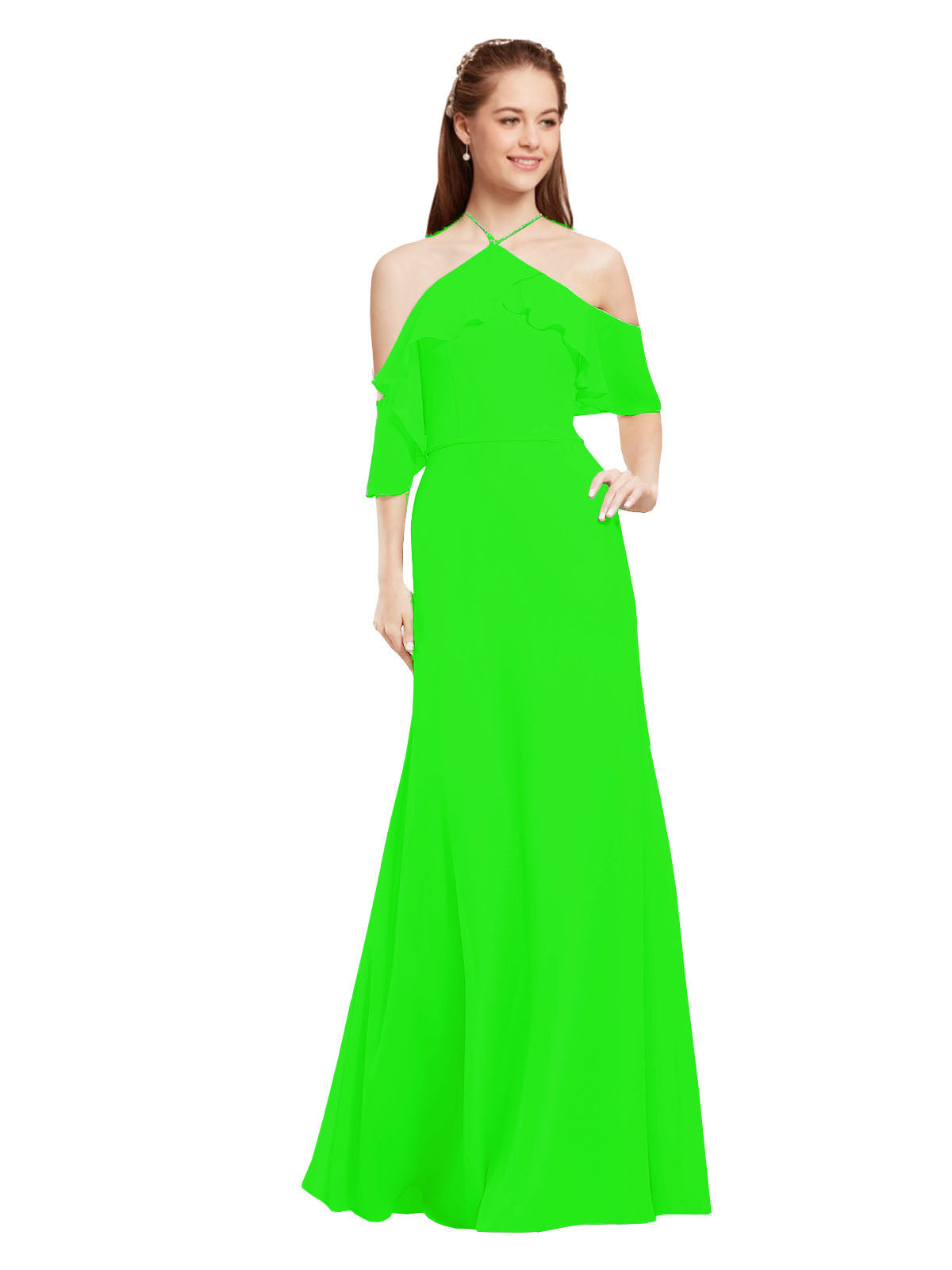 Lime Green A-Line Halter Cold Shoulder Long Bridesmaid Dress Glain