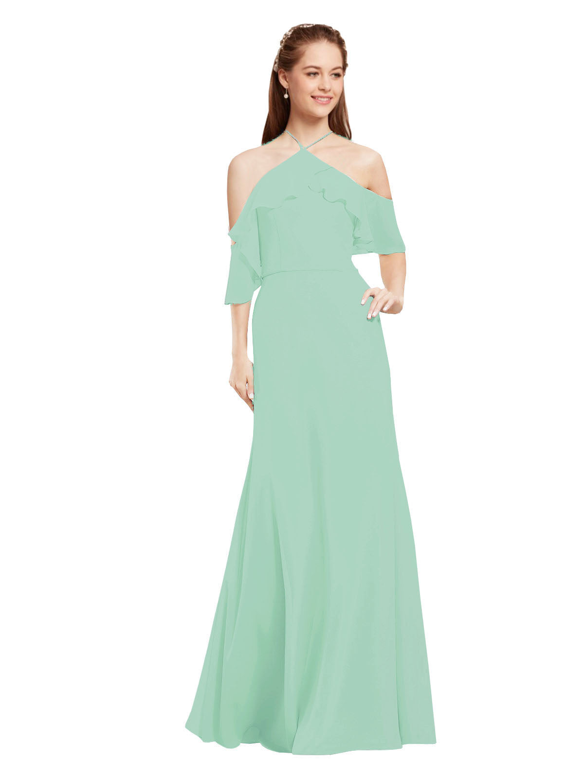Mint Green A-Line Halter Cold Shoulder Long Bridesmaid Dress Glain