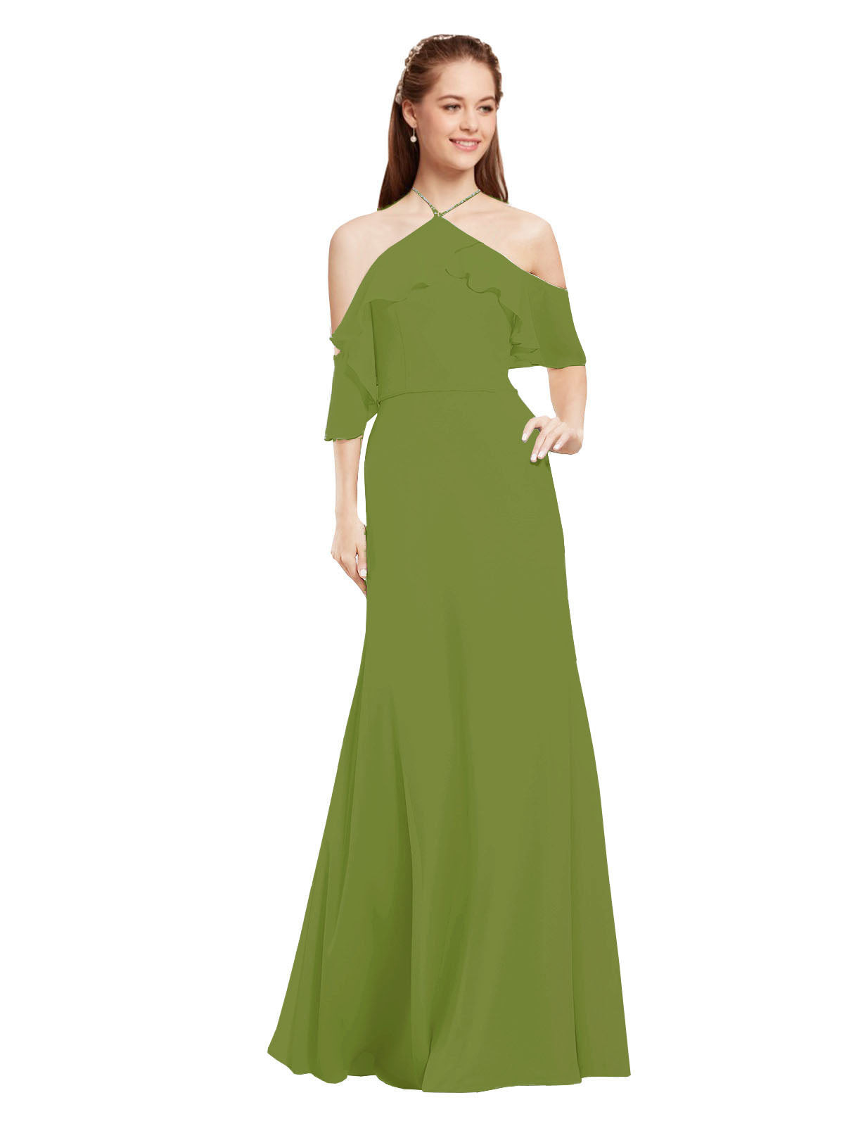 Olive Green A-Line Halter Cold Shoulder Long Bridesmaid Dress Glain