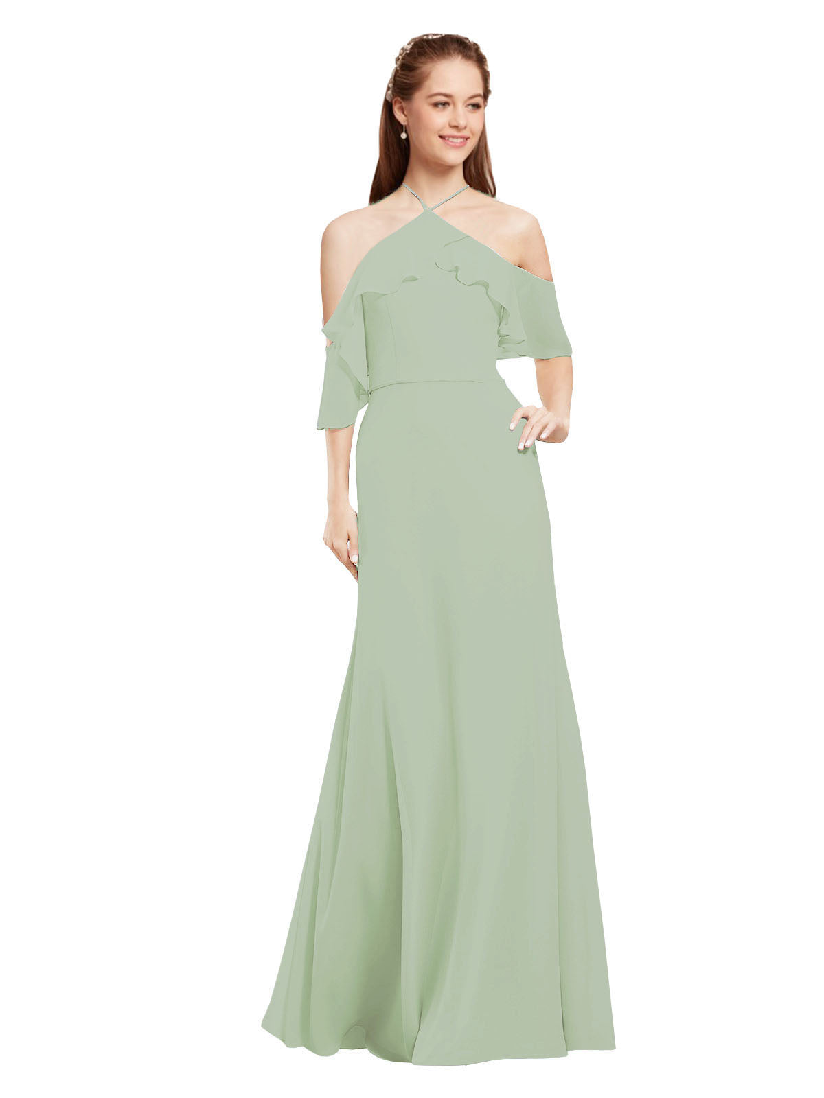 Smoke Green A-Line Halter Cold Shoulder Long Bridesmaid Dress Glain