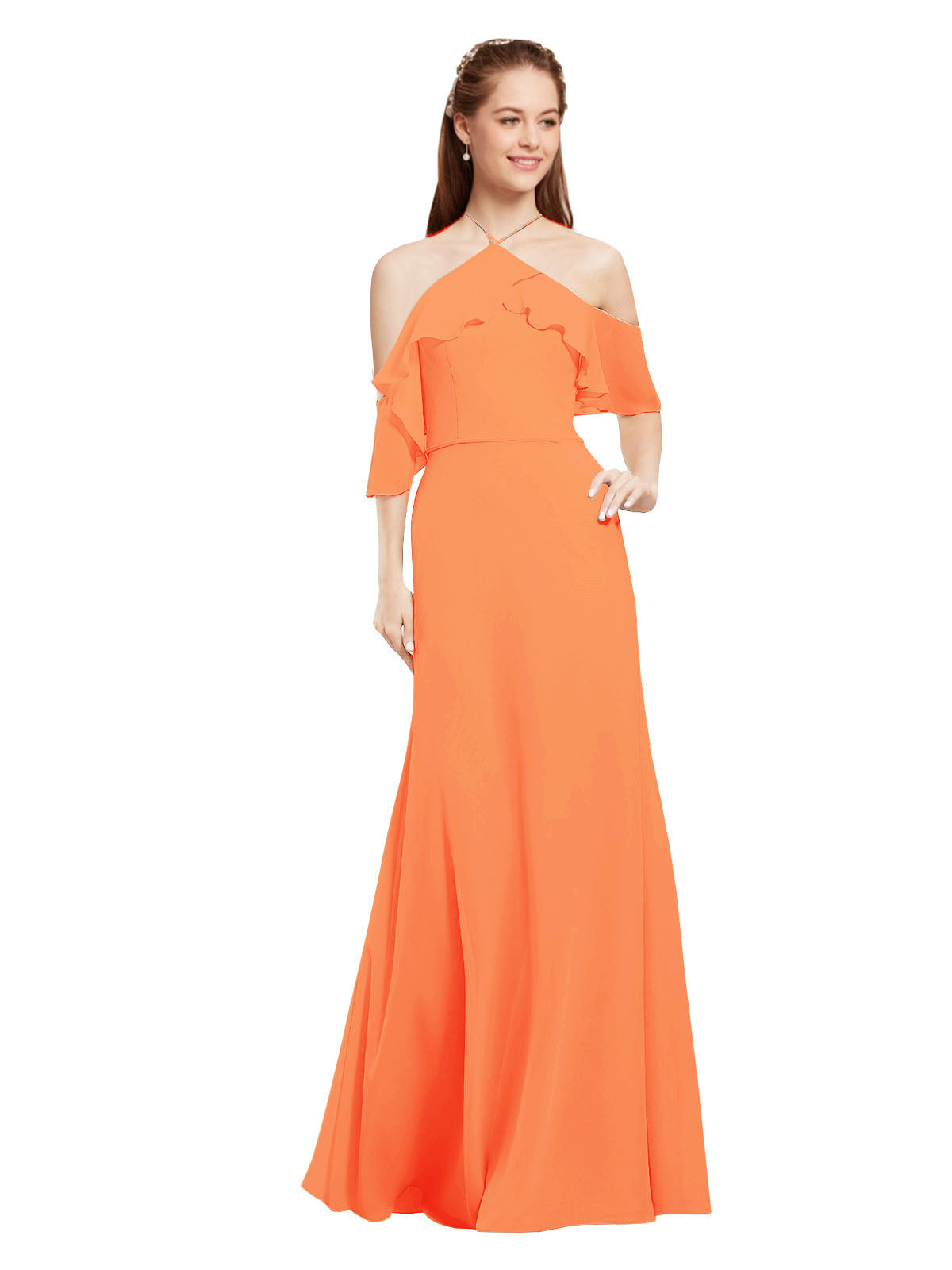 Tangerine Tango A-Line Halter Cold Shoulder Long Bridesmaid Dress Glain