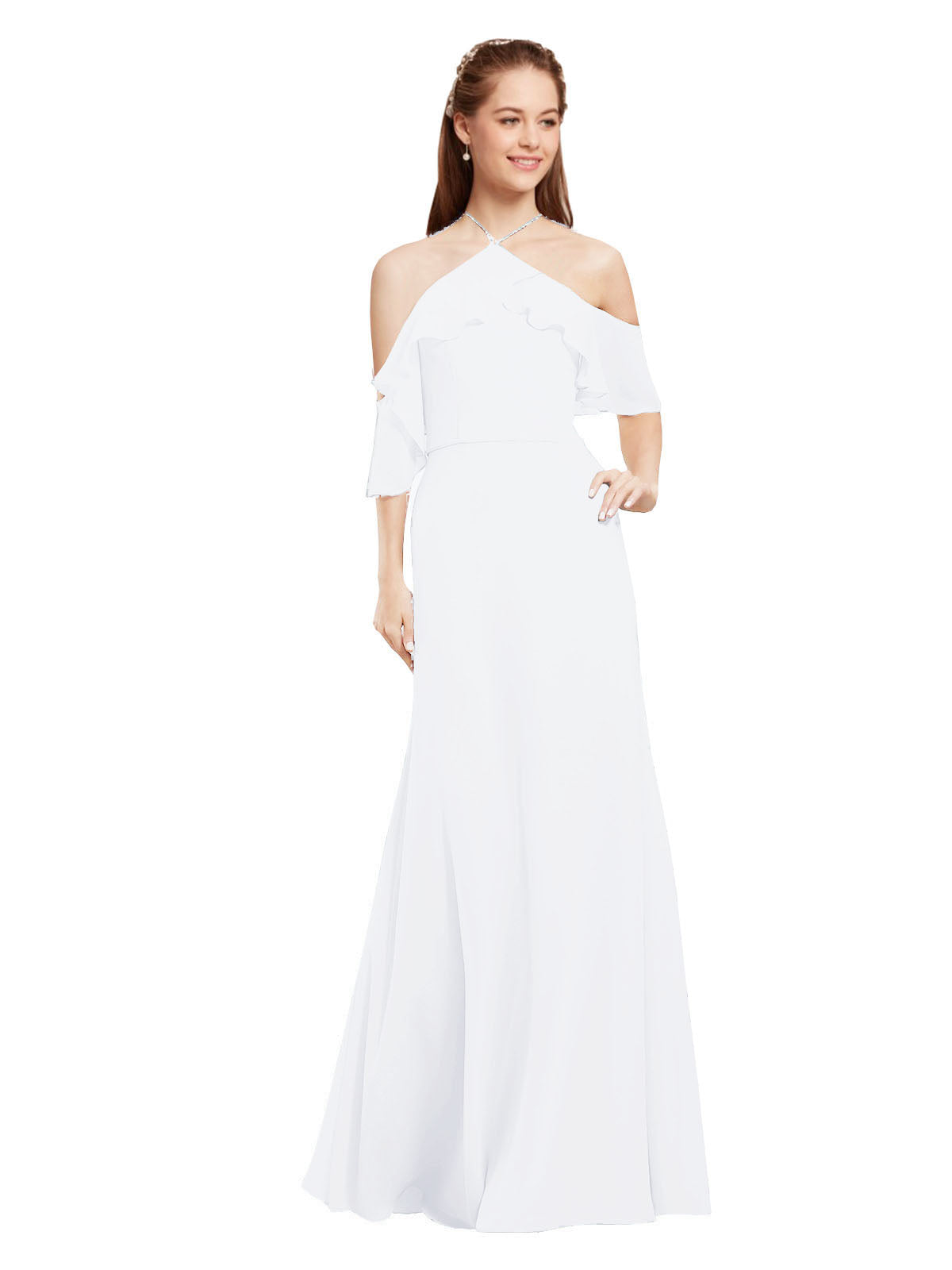 White A-Line Halter Cold Shoulder Long Bridesmaid Dress Glain