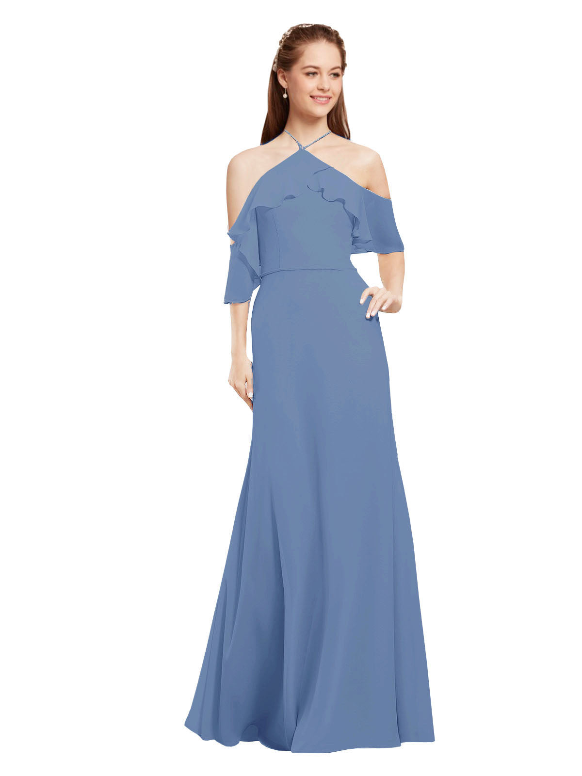 Windsor Blue A-Line Halter Cold Shoulder Long Bridesmaid Dress Glain