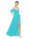 Aqua A-Line Off the Shoulder Sleeveless Long Bridesmaid Dress Kris