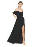 Black A-Line Off the Shoulder Sleeveless Long Bridesmaid Dress Kris