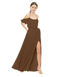 Brown A-Line Off the Shoulder Sleeveless Long Bridesmaid Dress Kris