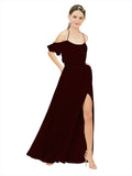 Burgundy Gold A-Line Off the Shoulder Sleeveless Long Bridesmaid Dress Kris