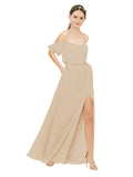 Champagne A-Line Off the Shoulder Sleeveless Long Bridesmaid Dress Kris
