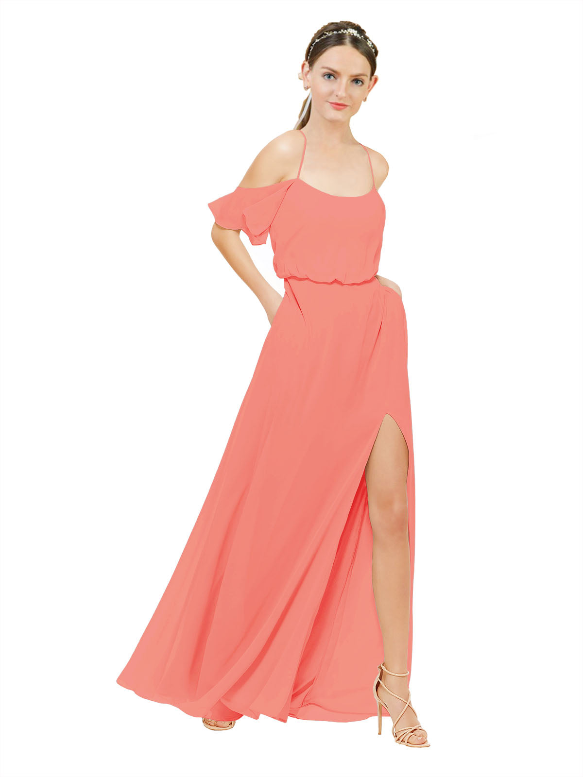 Coral A-Line Off the Shoulder Sleeveless Long Bridesmaid Dress Kris