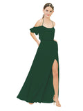 Dark Green A-Line Off the Shoulder Sleeveless Long Bridesmaid Dress Kris