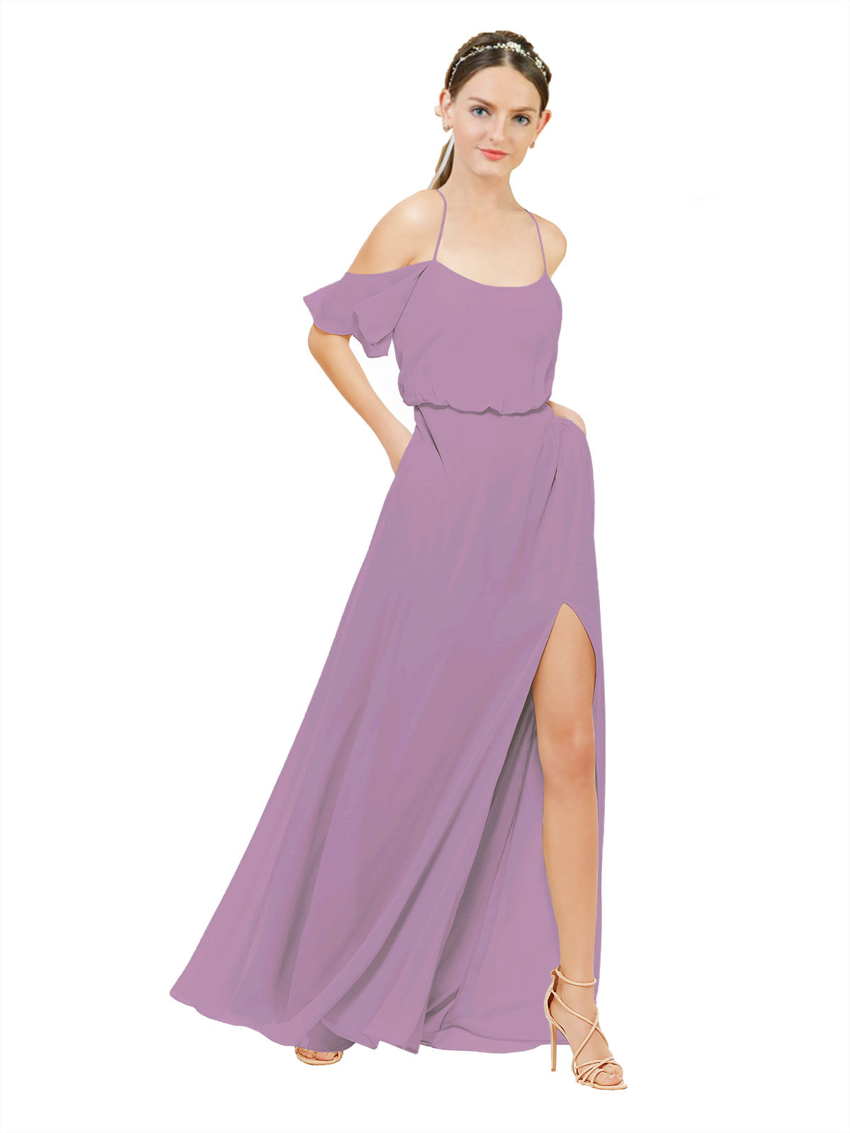 Dark Lavender A-Line Off the Shoulder Sleeveless Long Bridesmaid Dress Kris