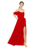 Dark Red A-Line Off the Shoulder Sleeveless Long Bridesmaid Dress Kris