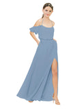Dusty Blue A-Line Off the Shoulder Sleeveless Long Bridesmaid Dress Kris