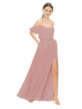 Dusty Pink A-Line Off the Shoulder Sleeveless Long Bridesmaid Dress Kris