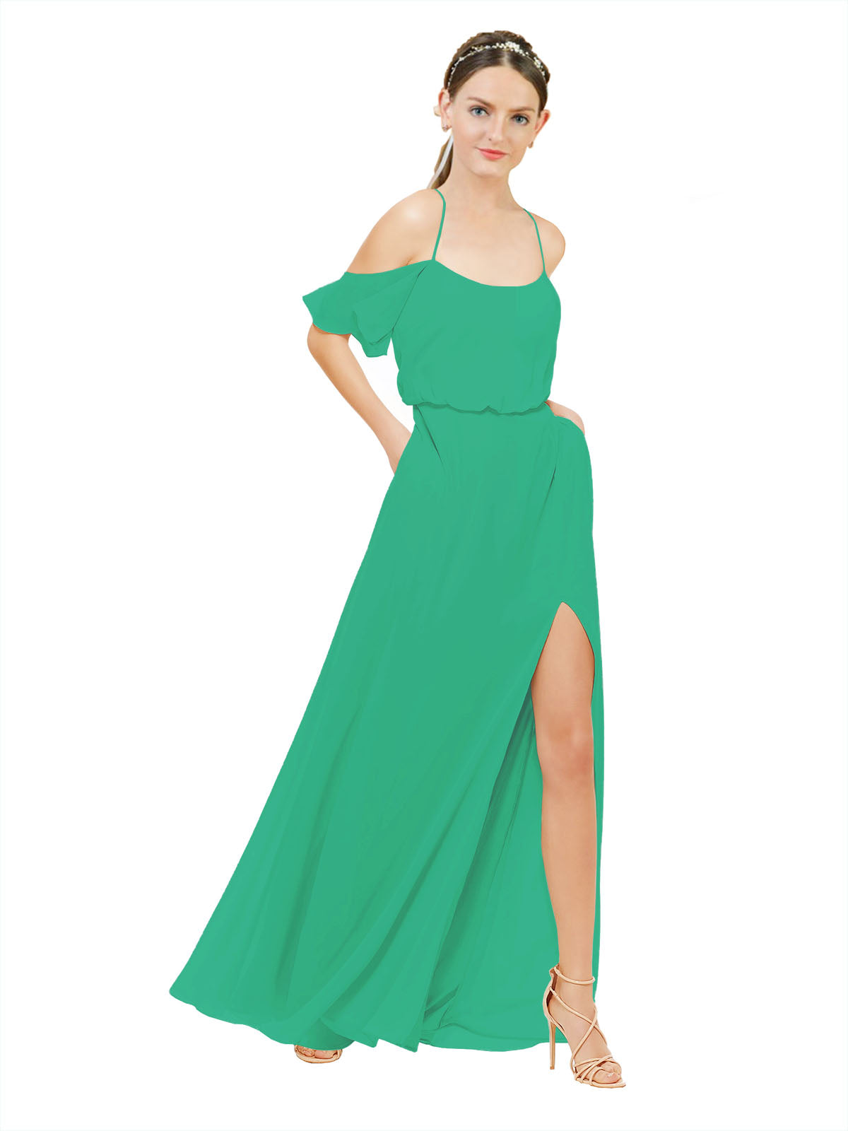 Emerald Green A-Line Off the Shoulder Sleeveless Long Bridesmaid Dress Kris