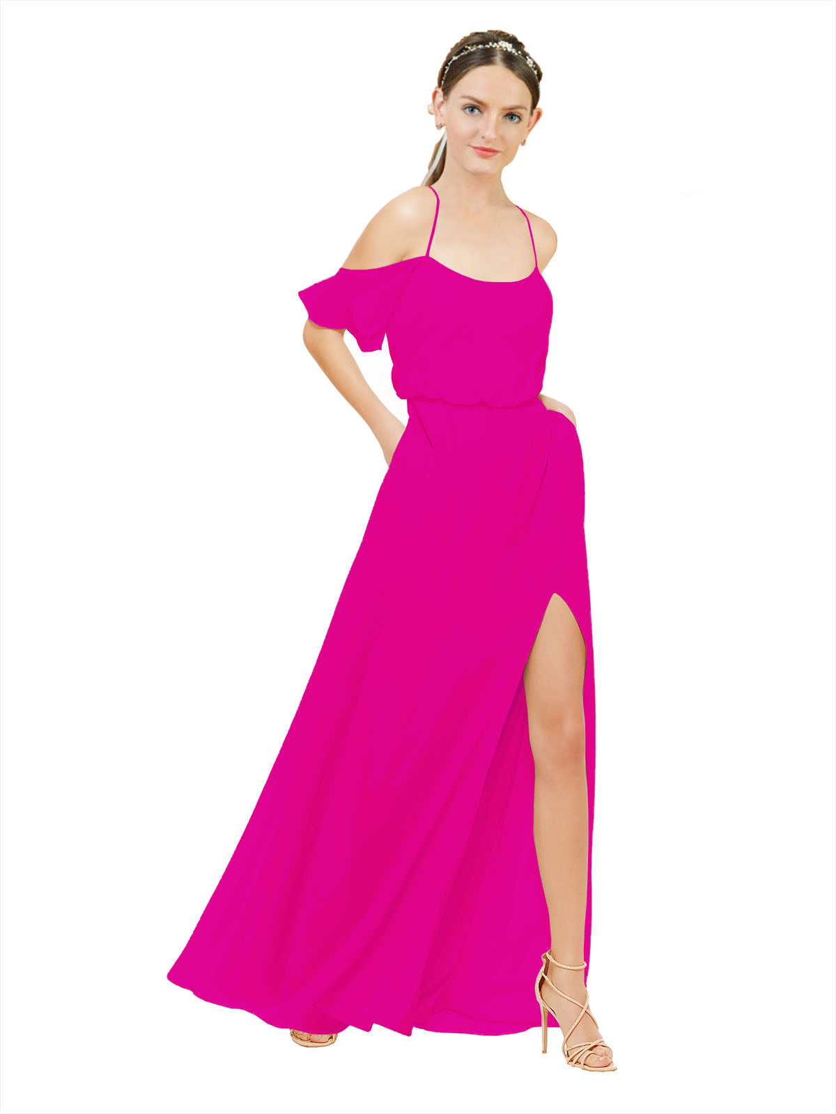 Fuchsia A-Line Off the Shoulder Sleeveless Long Bridesmaid Dress Kris