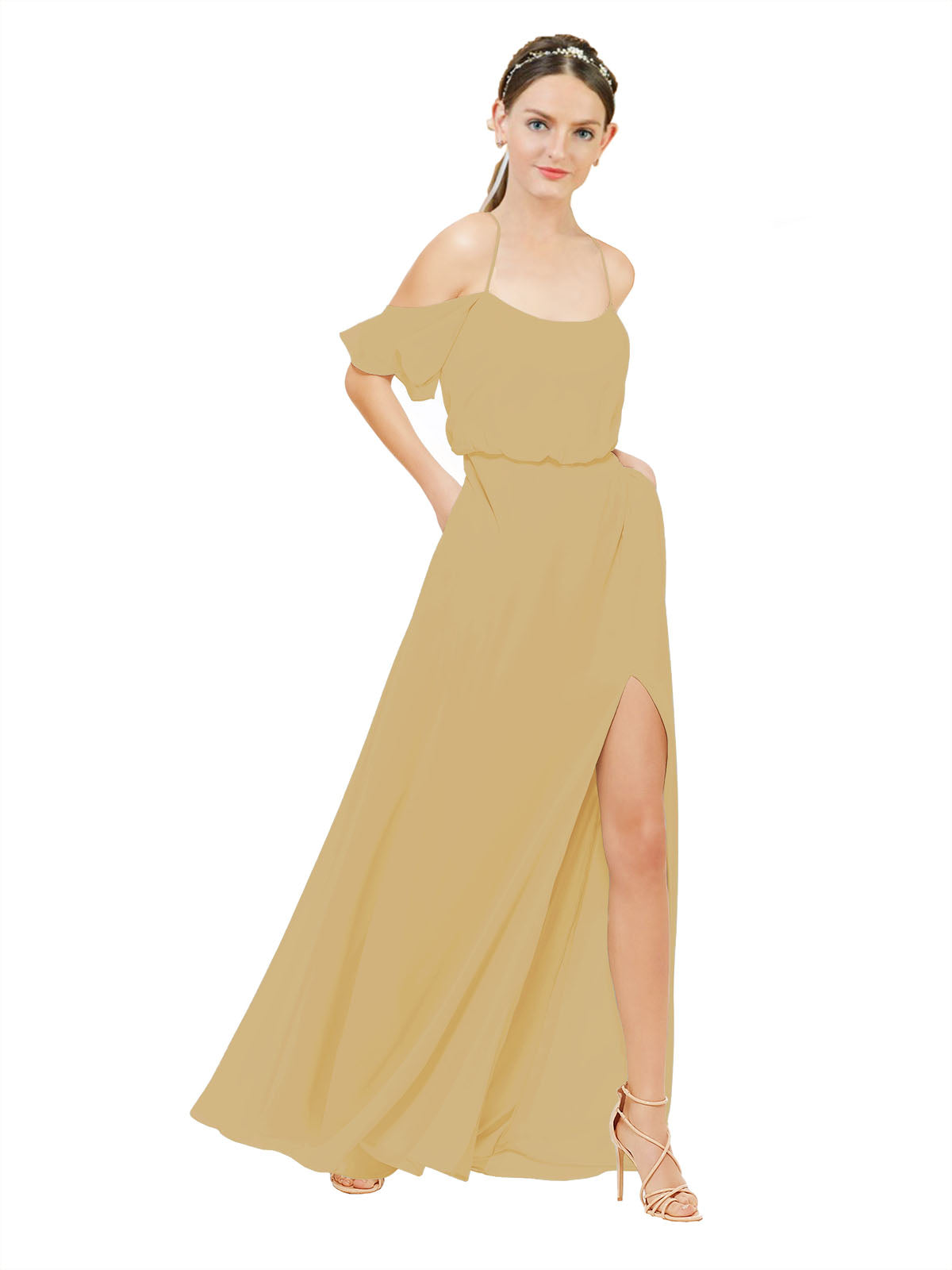 Gold A-Line Off the Shoulder Sleeveless Long Bridesmaid Dress Kris