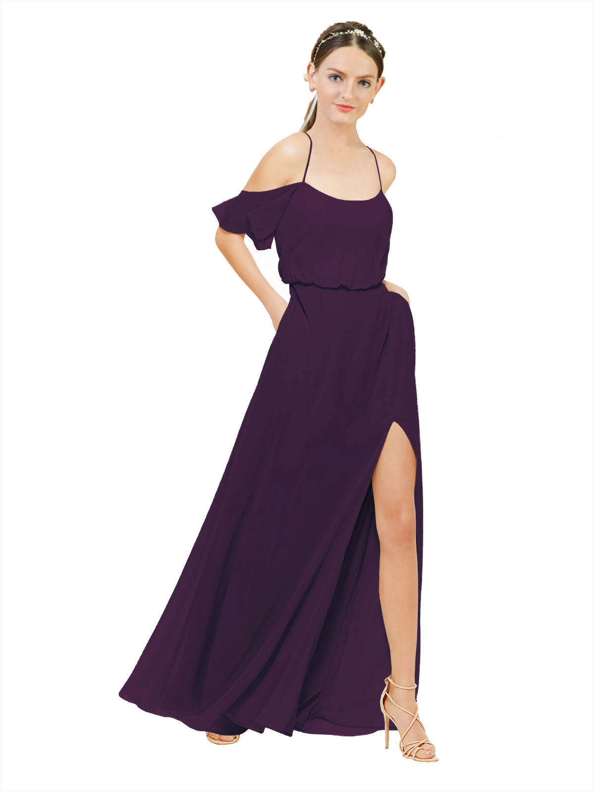 Grape A-Line Off the Shoulder Sleeveless Long Bridesmaid Dress Kris