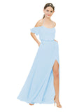 Light Sky Blue A-Line Off the Shoulder Sleeveless Long Bridesmaid Dress Kris
