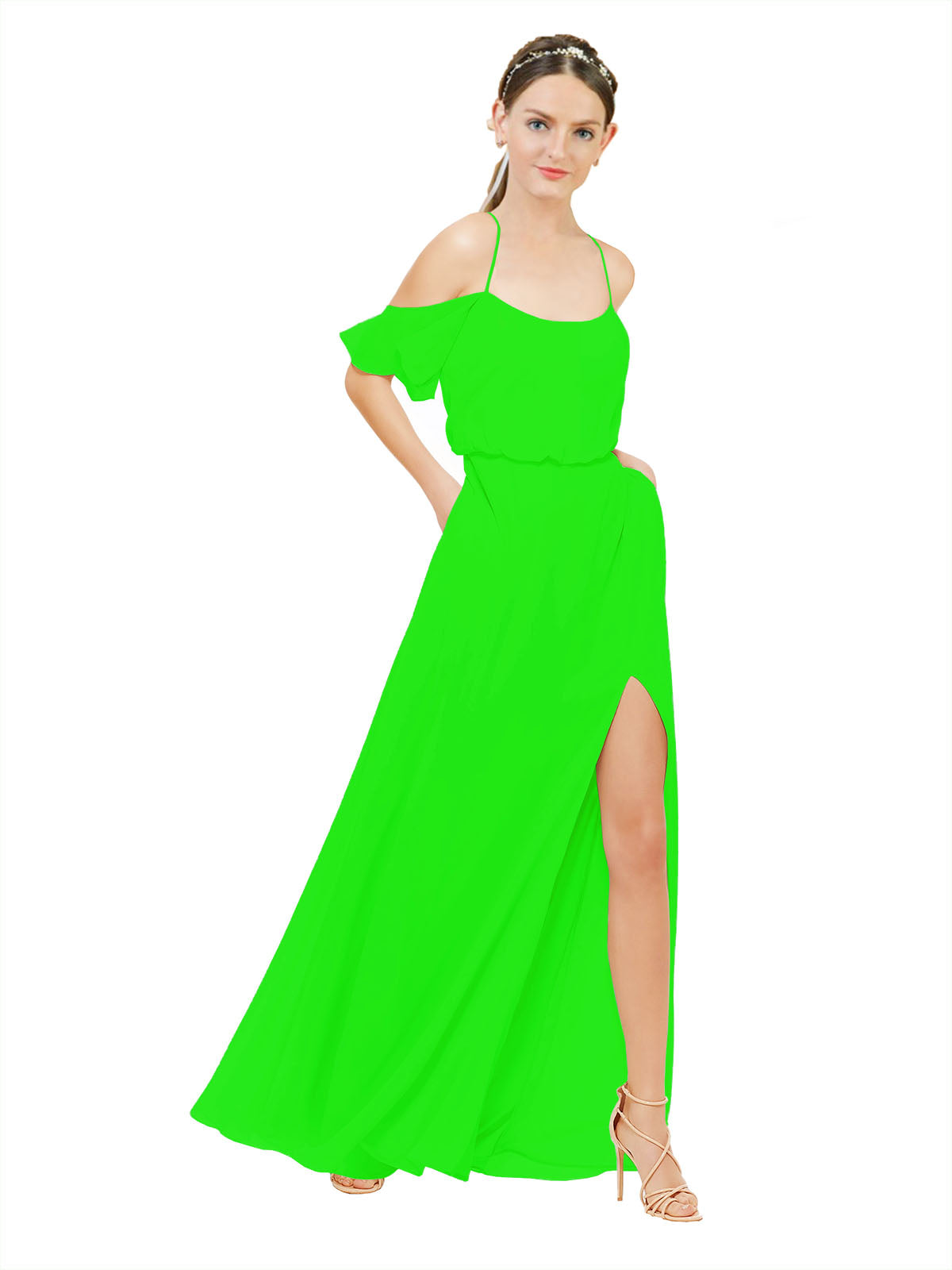 Lime Green A-Line Off the Shoulder Sleeveless Long Bridesmaid Dress Kris