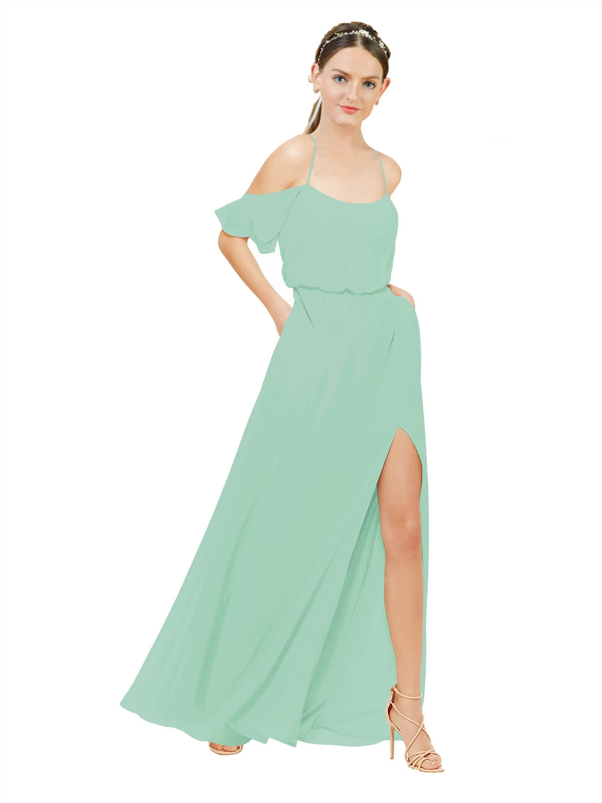 Mint Green A-Line Off the Shoulder Sleeveless Long Bridesmaid Dress Kris