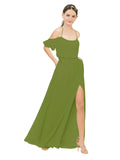 Olive Green A-Line Off the Shoulder Sleeveless Long Bridesmaid Dress Kris