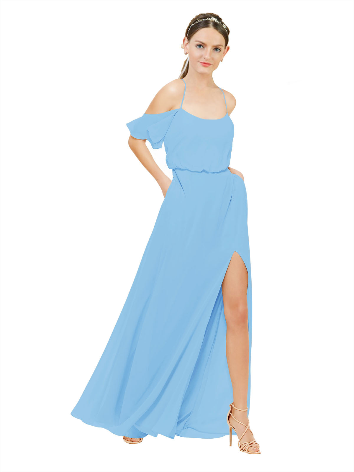 Periwinkle A-Line Off the Shoulder Sleeveless Long Bridesmaid Dress Kris