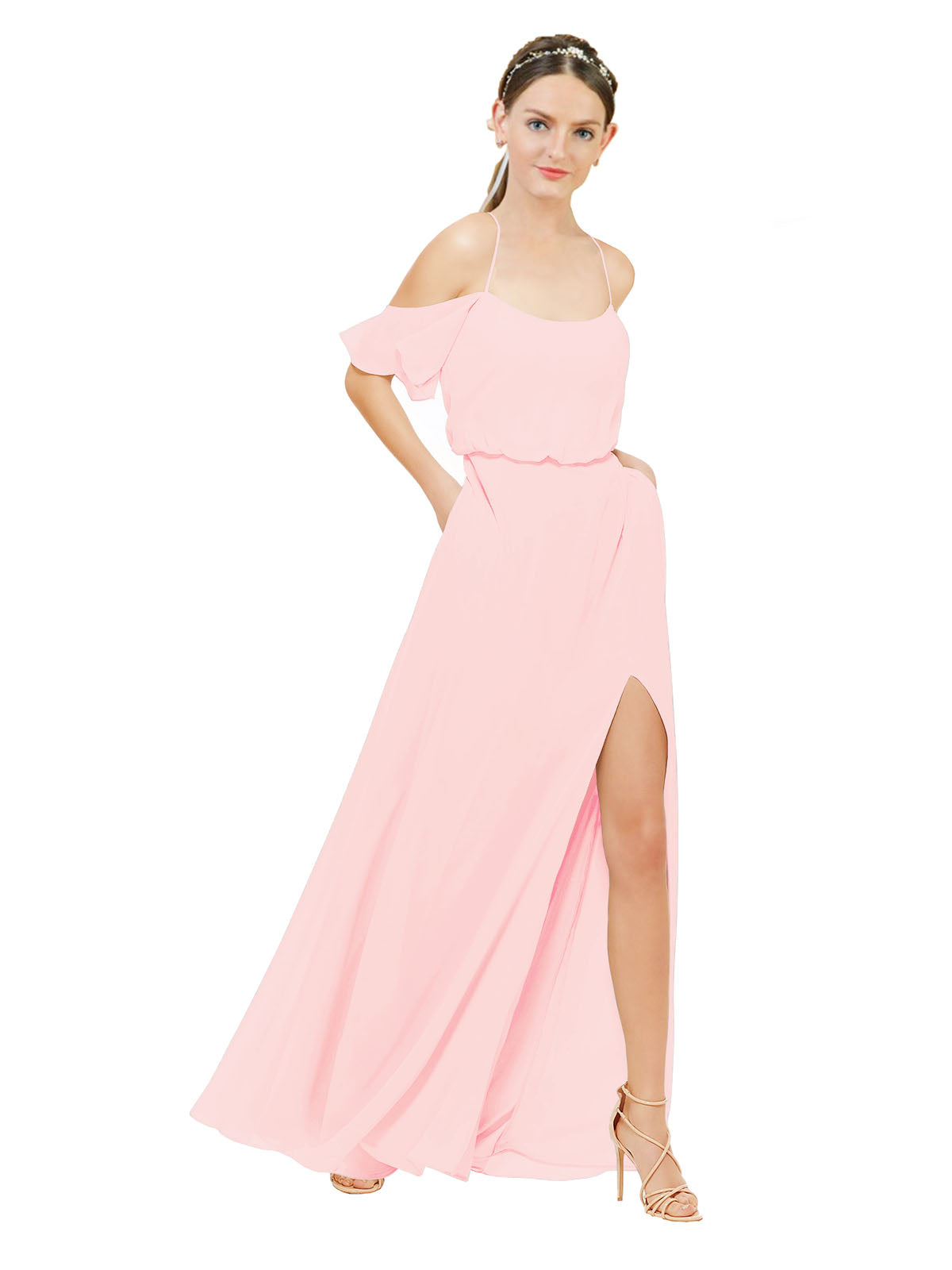 Pink A-Line Off the Shoulder Sleeveless Long Bridesmaid Dress Kris