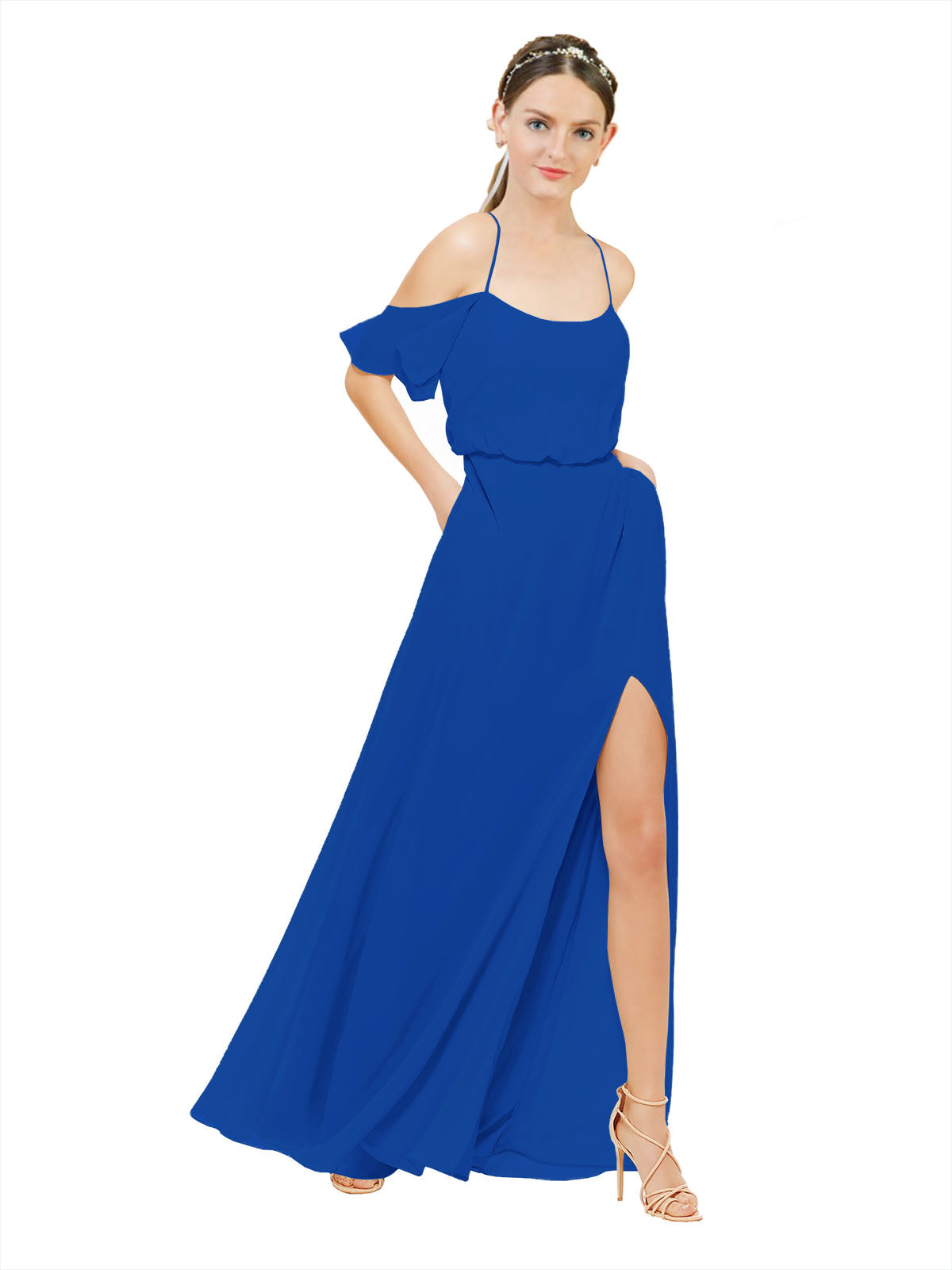 Royal Blue A-Line Off the Shoulder Sleeveless Long Bridesmaid Dress Kris