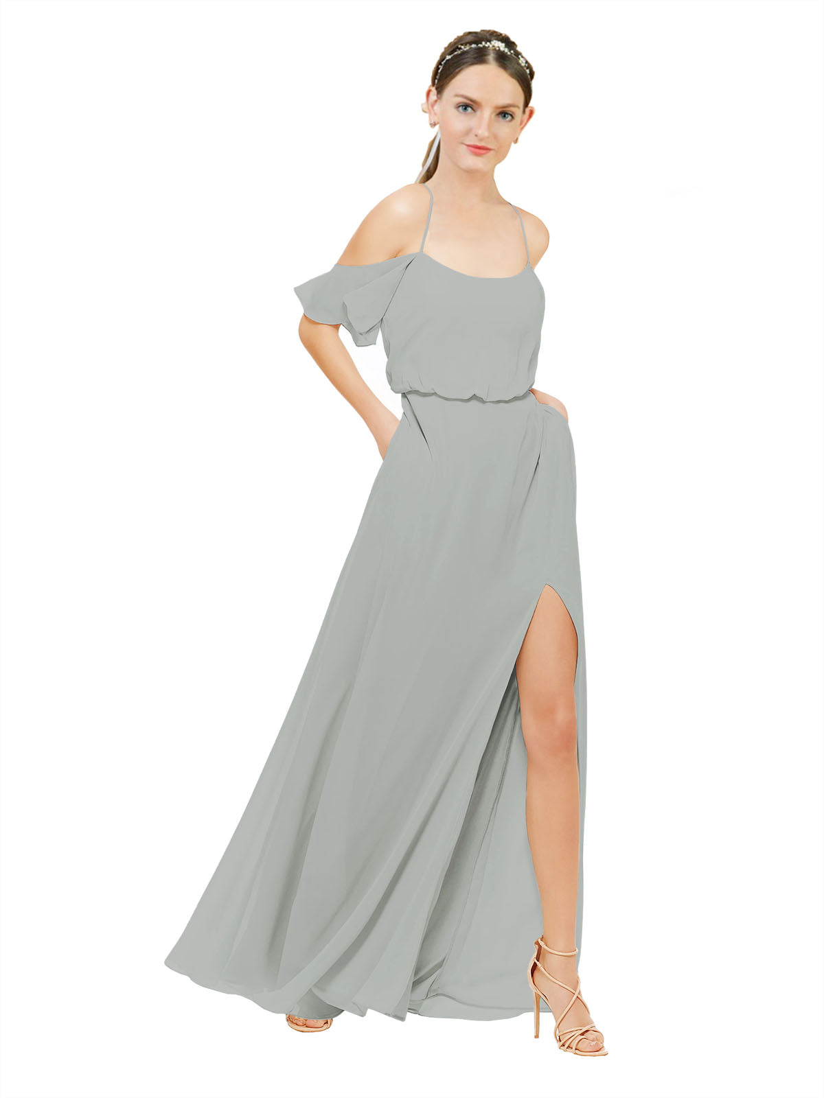 Silver A-Line Off the Shoulder Sleeveless Long Bridesmaid Dress Kris