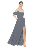 Slate Grey A-Line Off the Shoulder Sleeveless Long Bridesmaid Dress Kris