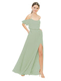 Smoke Green A-Line Off the Shoulder Sleeveless Long Bridesmaid Dress Kris