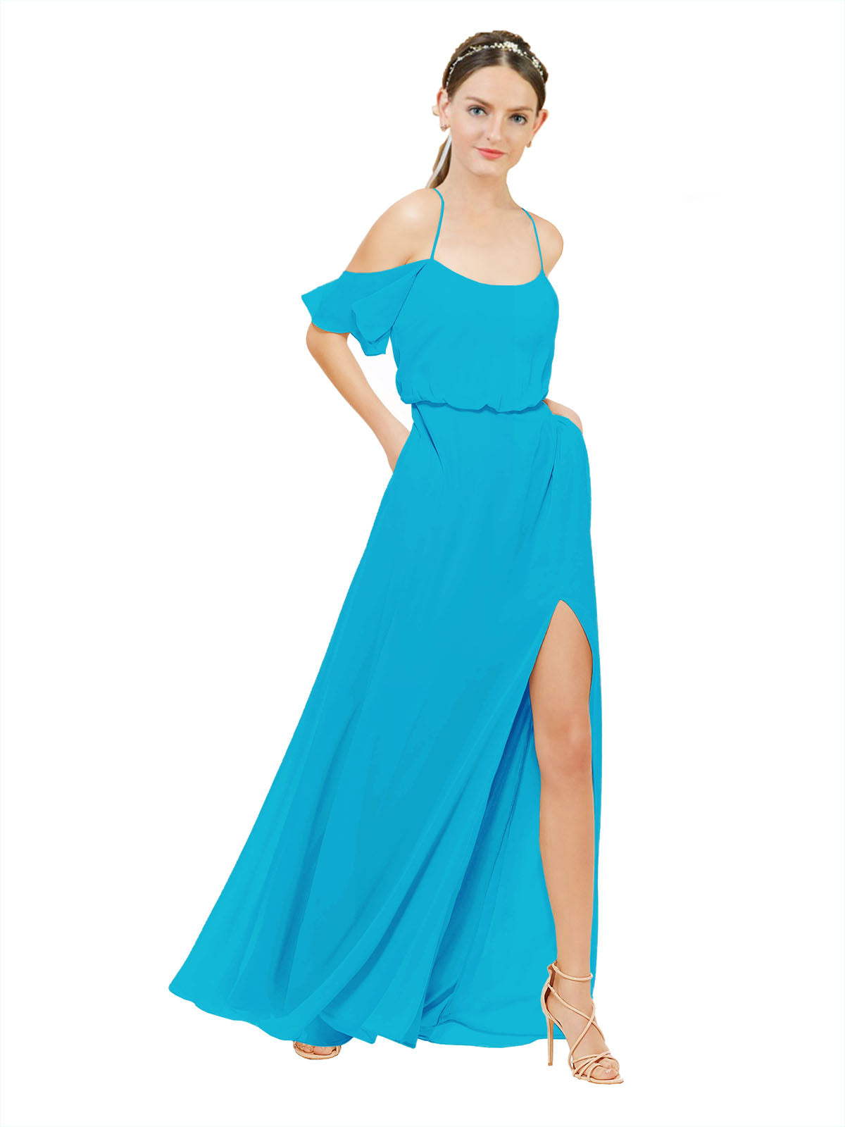 Turquoise A-Line Off the Shoulder Sleeveless Long Bridesmaid Dress Kris
