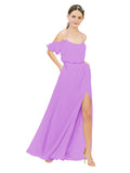 Violet A-Line Off the Shoulder Sleeveless Long Bridesmaid Dress Kris