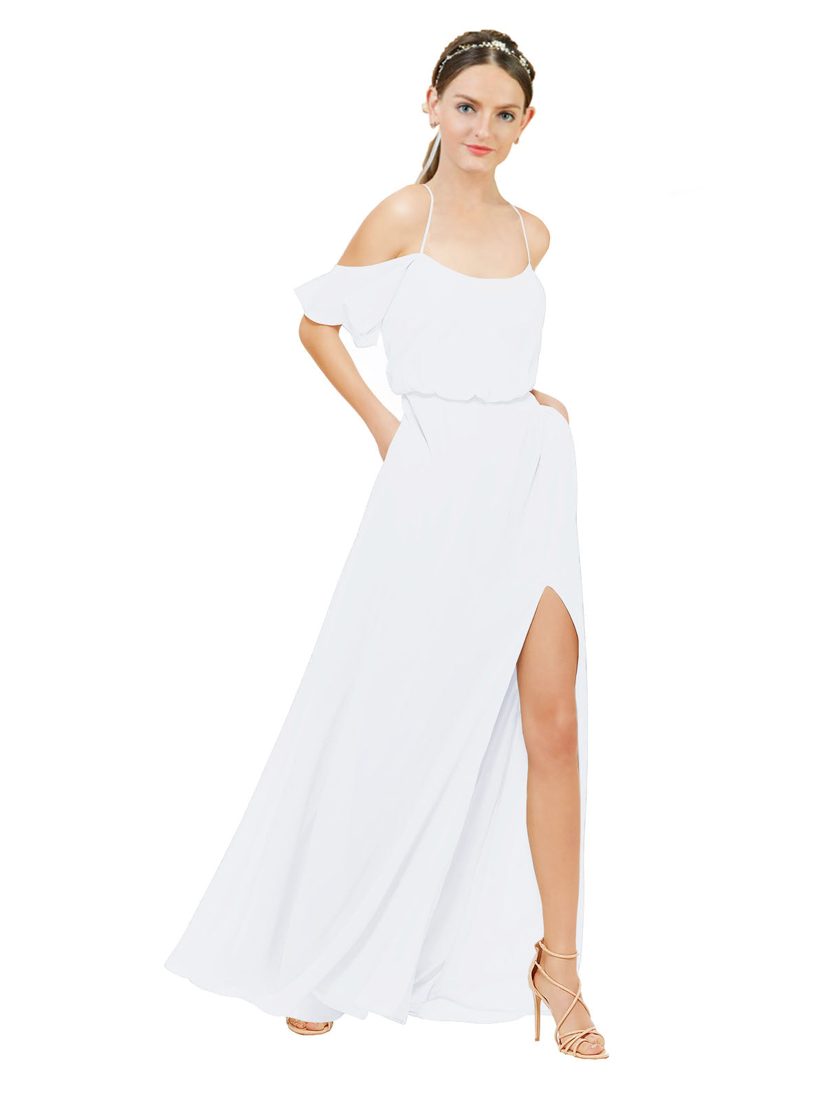 White A-Line Off the Shoulder Sleeveless Long Bridesmaid Dress Kris