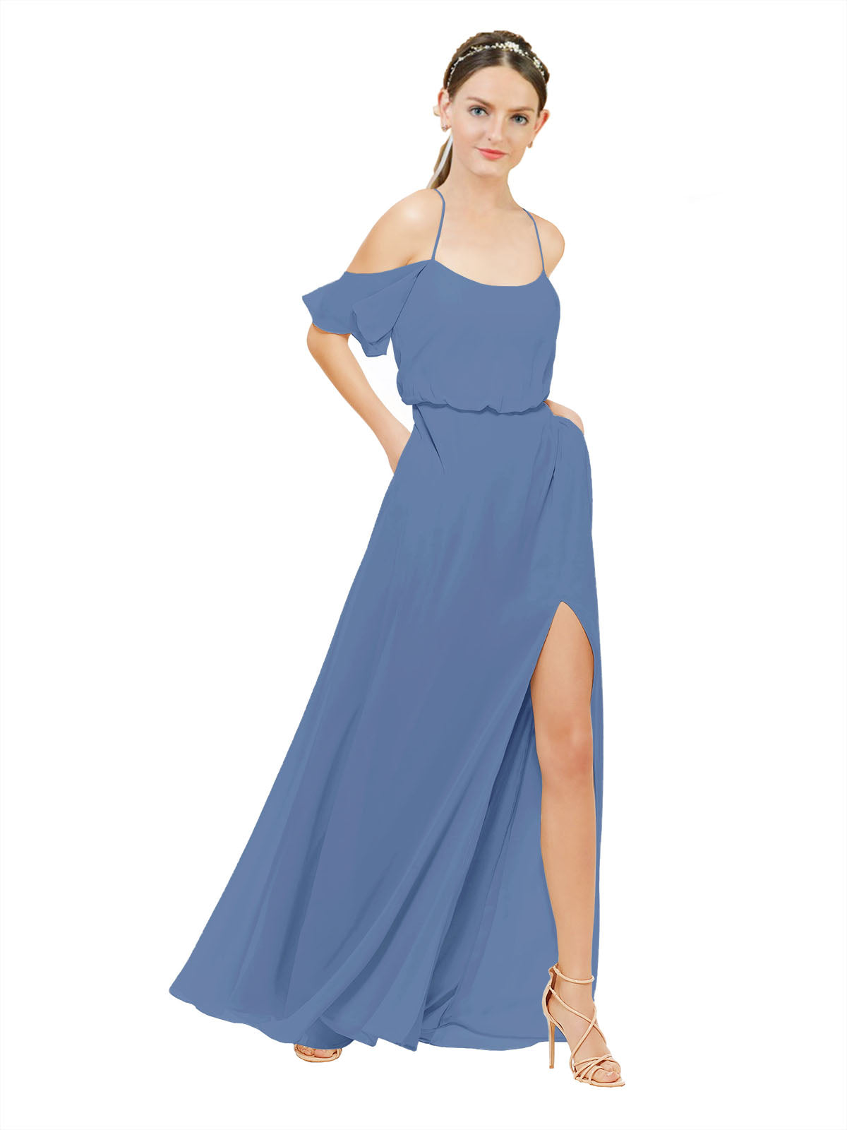 Windsor Blue A-Line Off the Shoulder Sleeveless Long Bridesmaid Dress Kris