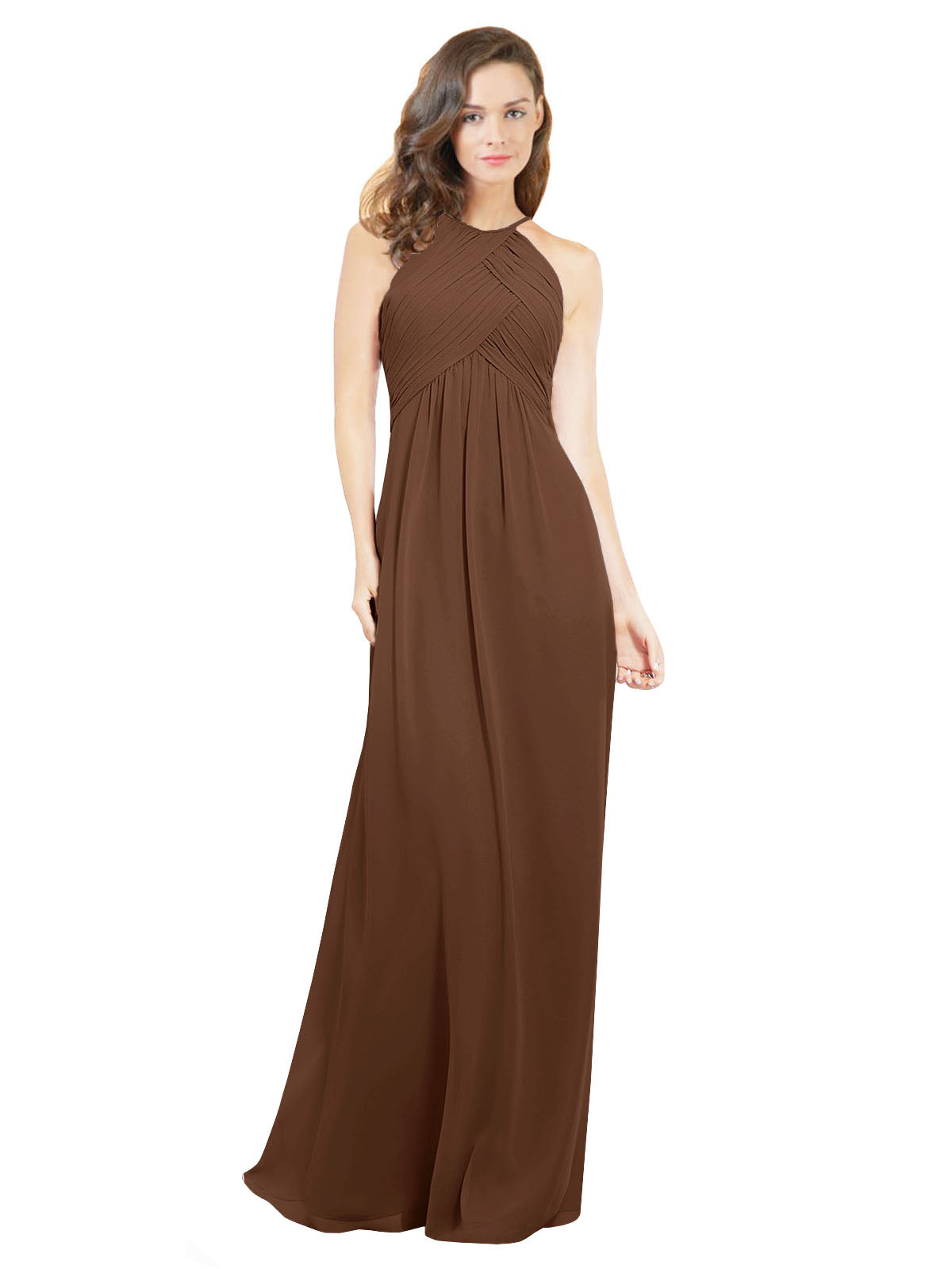 Brown A-Line Halter Sleeveless Long Bridesmaid Dress Robyn