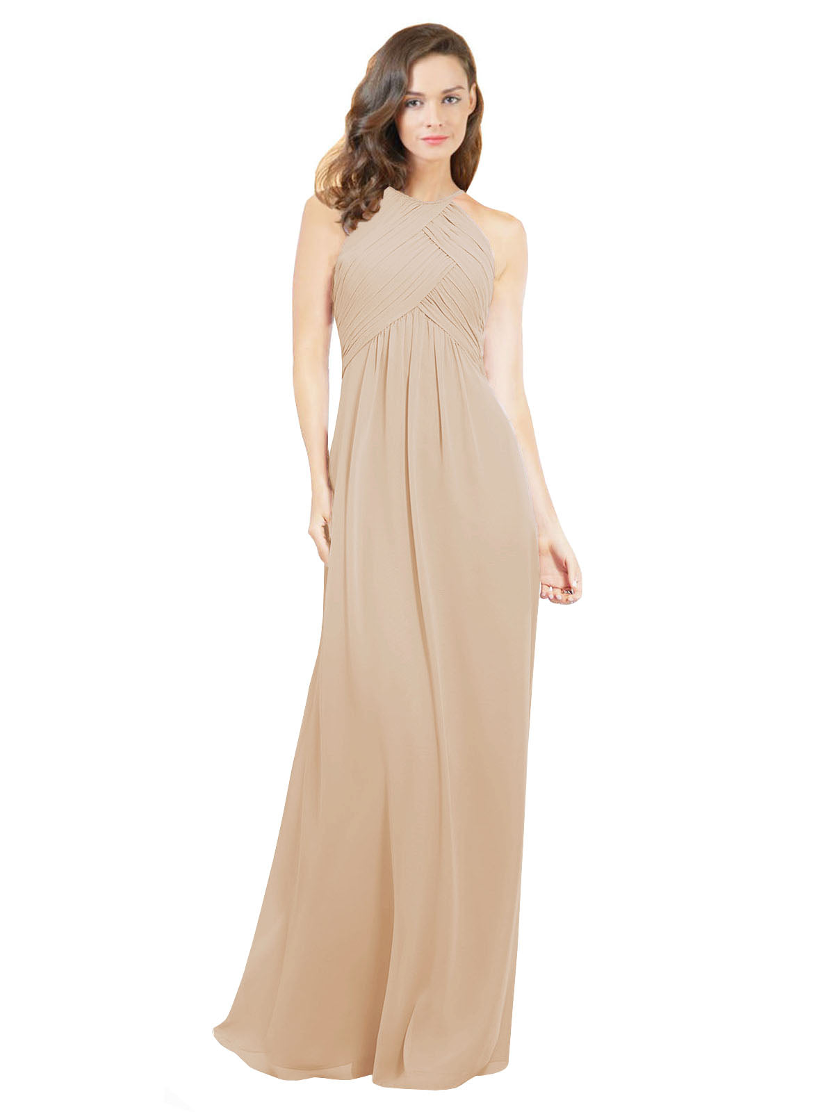 Champagne A-Line Halter Sleeveless Long Bridesmaid Dress Robyn